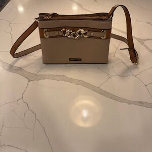 Adrienne Vittadini Taupe Pebbled Faux Leather Crossbody Bag with Chain Detail